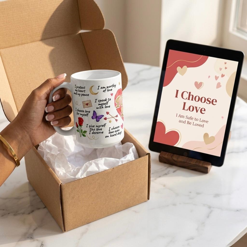 I Choose Love mug with complimentary digital eBook on tablet