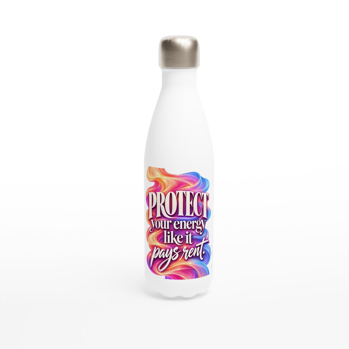 Protect Your Energy 17 oz white stainless steel water bottle with flowing waves of pink and violet, front view