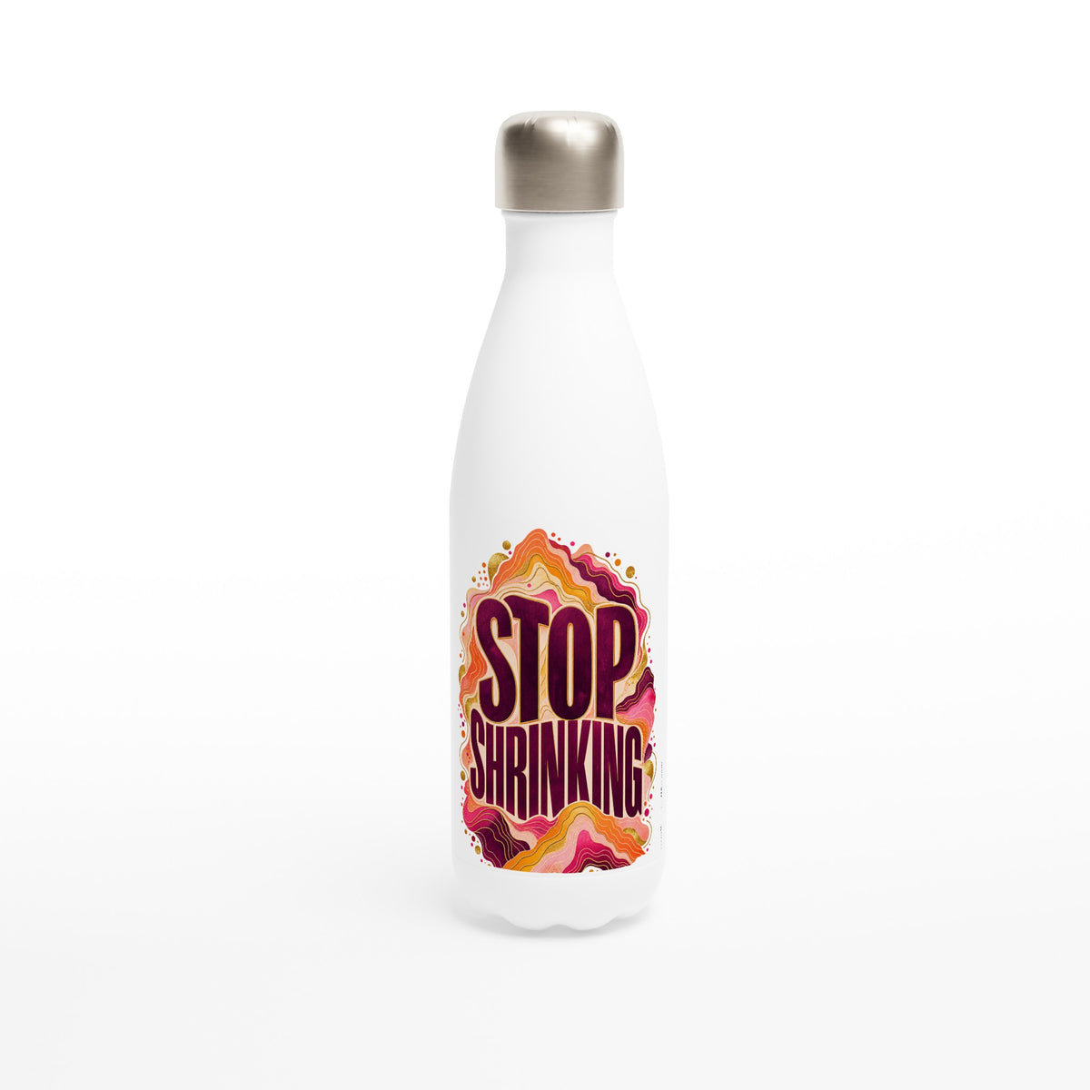 Stop Shrinking 17 oz white stainless steel water bottle with coral and plum contour lines, front view