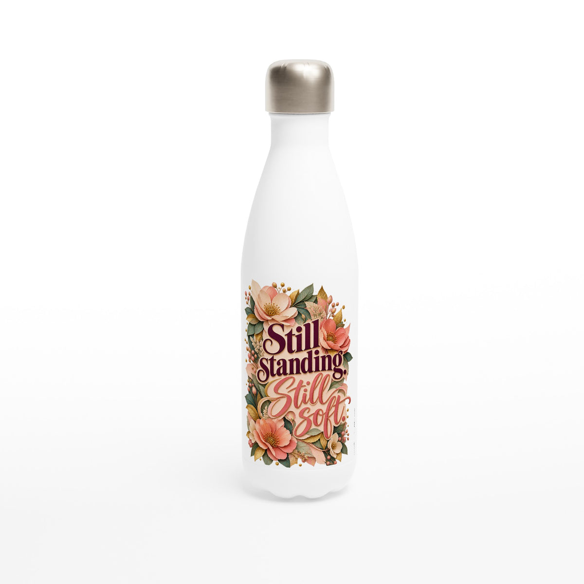 Still Standing, Still Soft 17 oz white stainless steel water bottle with layered paper flowers, front view