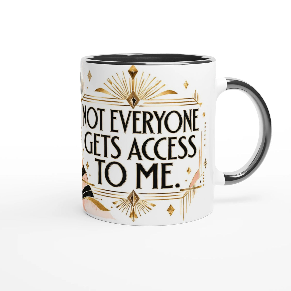 Not Everyone Gets In 11 oz ceramic mug with a black handle and blush, black and gold Art Deco fans, handle on the right