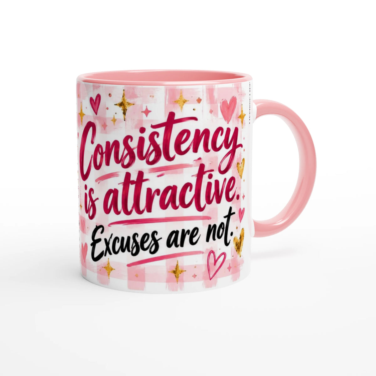 Consistency 11 oz ceramic mug with a pink handle and pink gingham and hearts, handle on the right