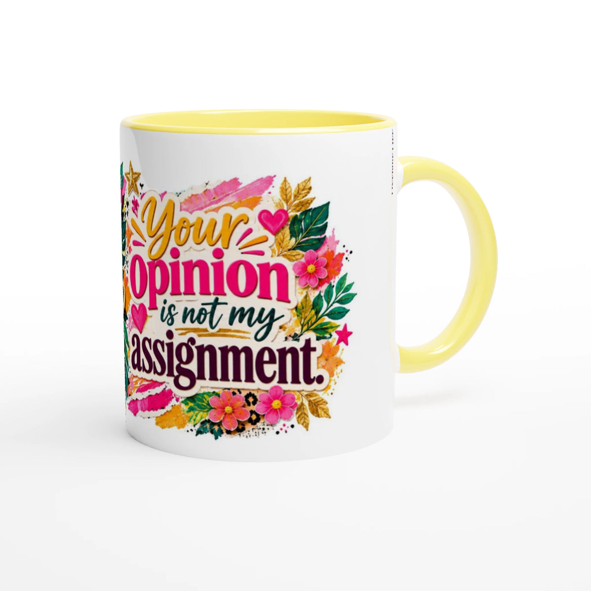 Not My Assignment 11 oz ceramic mug with a yellow handle and a sunny sticker collage, handle on the right
