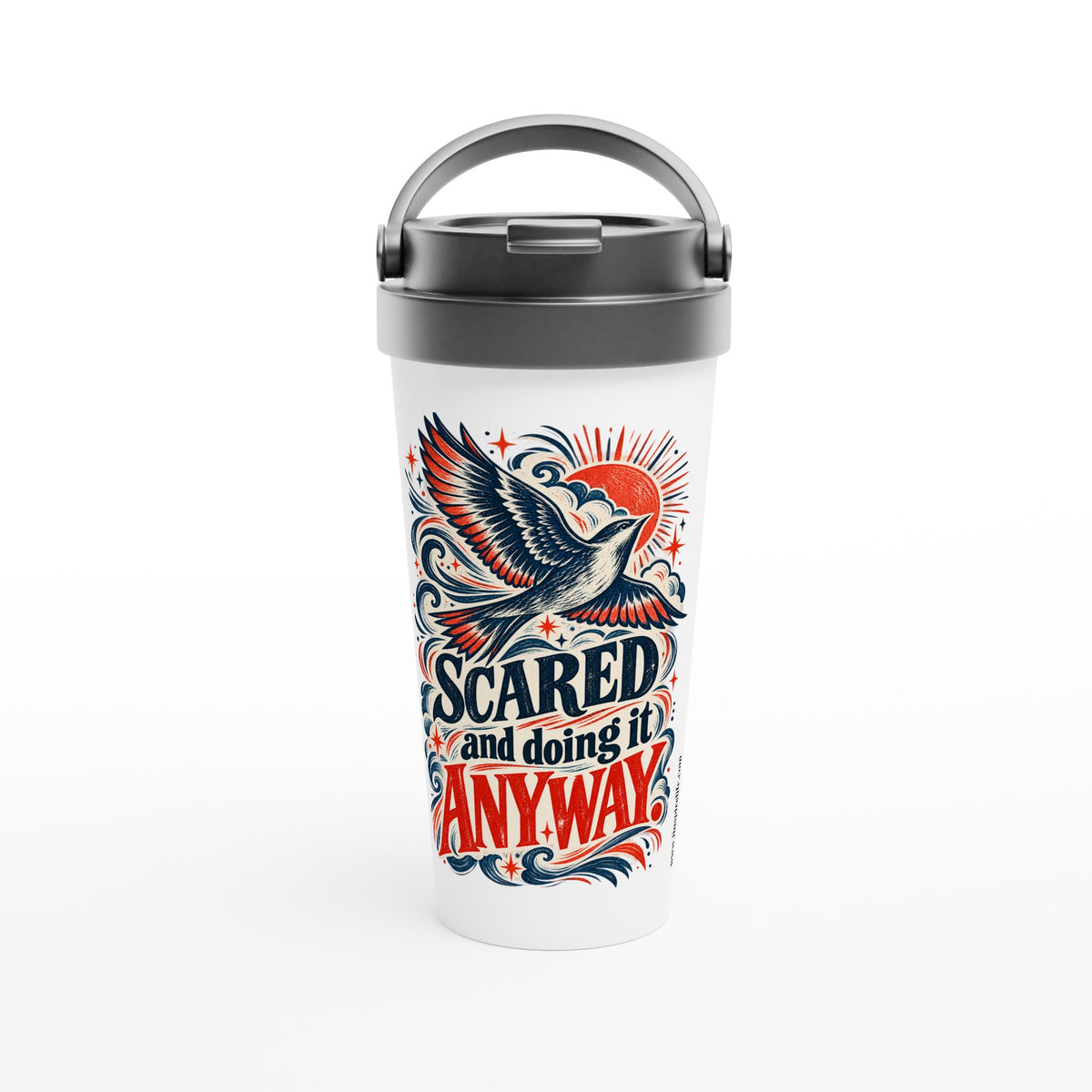 Scared and Doing It Anyway 15 oz white stainless steel travel mug with a woodcut bird and red sun, front view