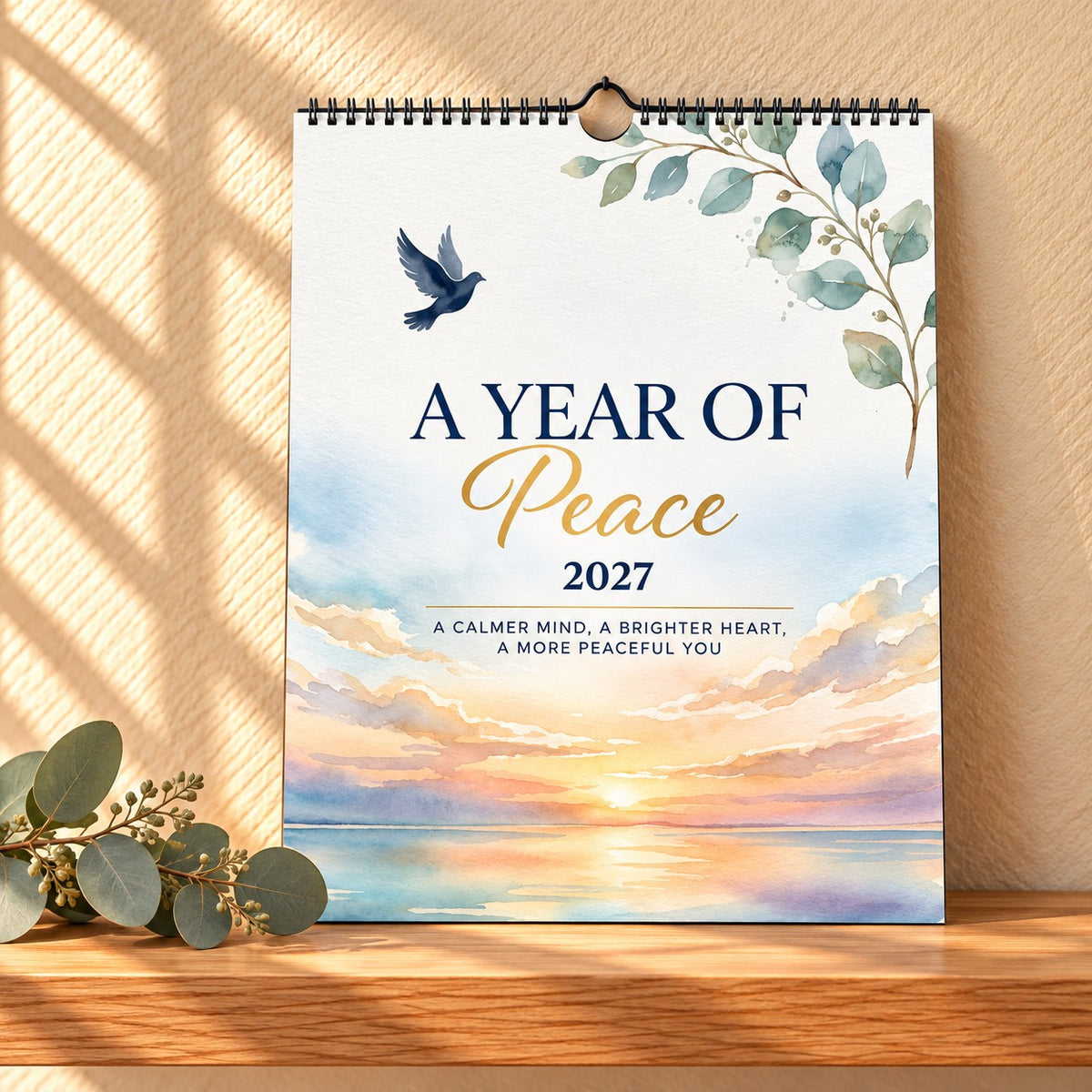 A Year of Peace 2027 wall calendar with a watercolour sunrise sea and a navy dove, standing on a light oak shelf beside eucalyptus