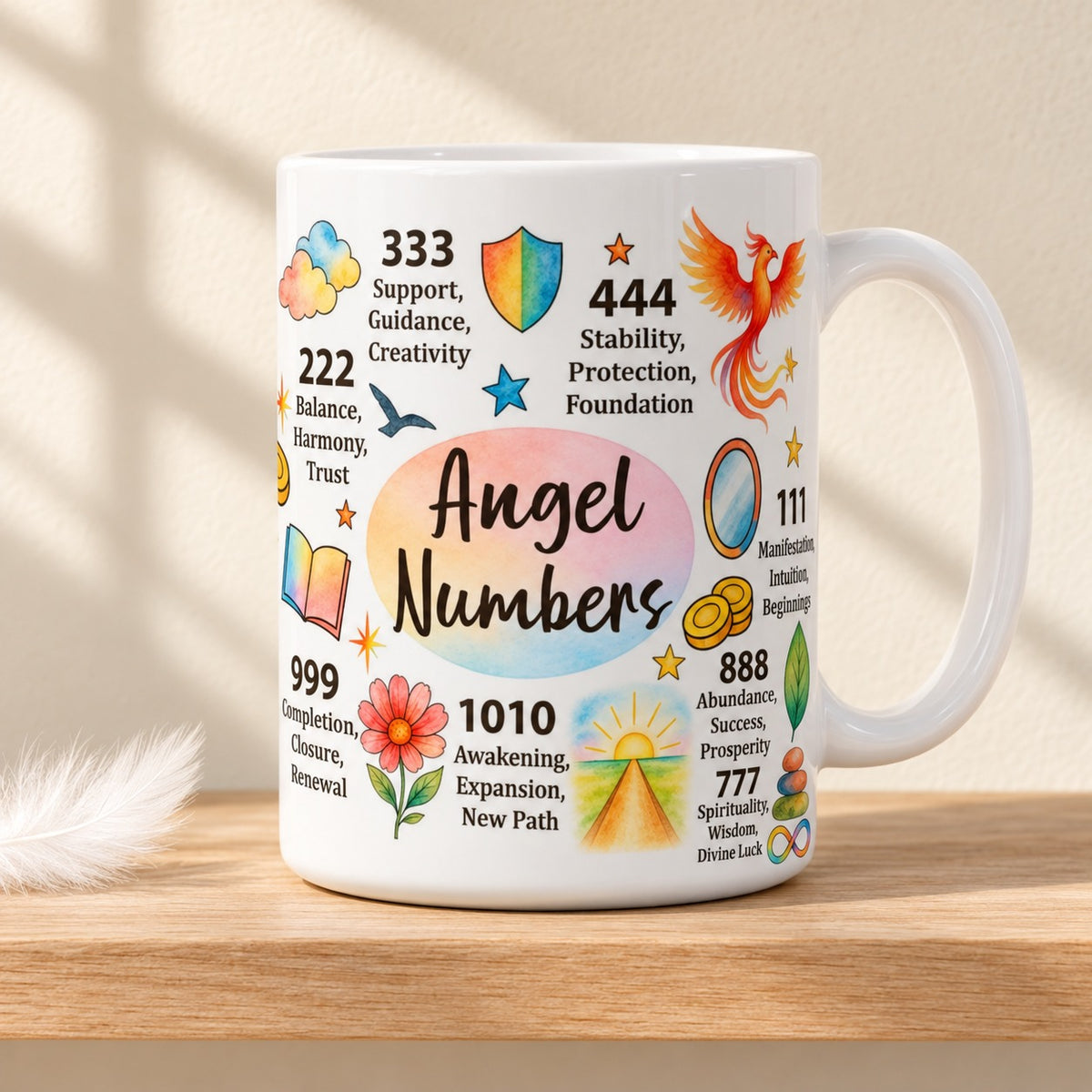 Angel Numbers 15 oz white mug with the title facing forward among angel numbers and their meanings, on a light oak shelf beside a white feather