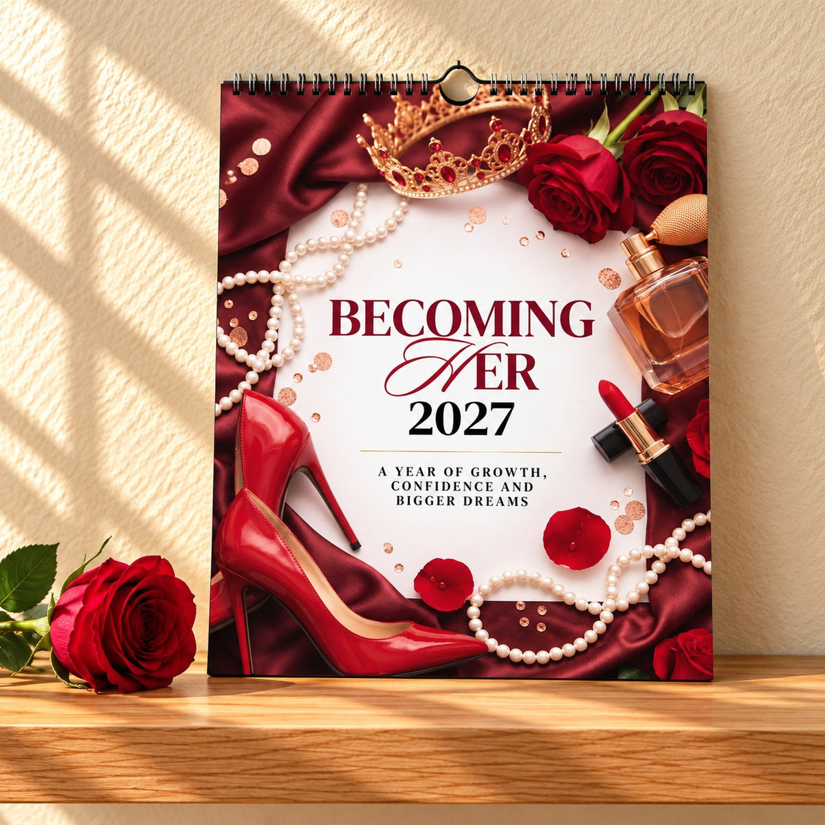 Becoming Her 2027 wall calendar with red roses, pearls and a gold crown on the cover, standing on a light oak shelf beside a red rose