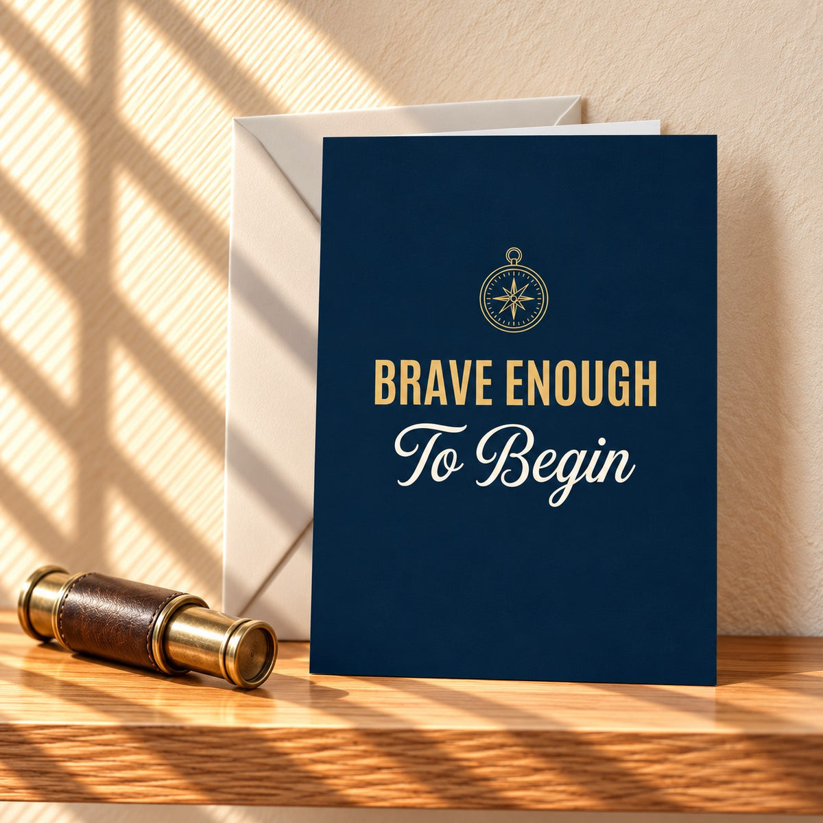 Brave Enough To Begin card in deep navy with a gold compass, standing on a light oak shelf beside a brass spyglass