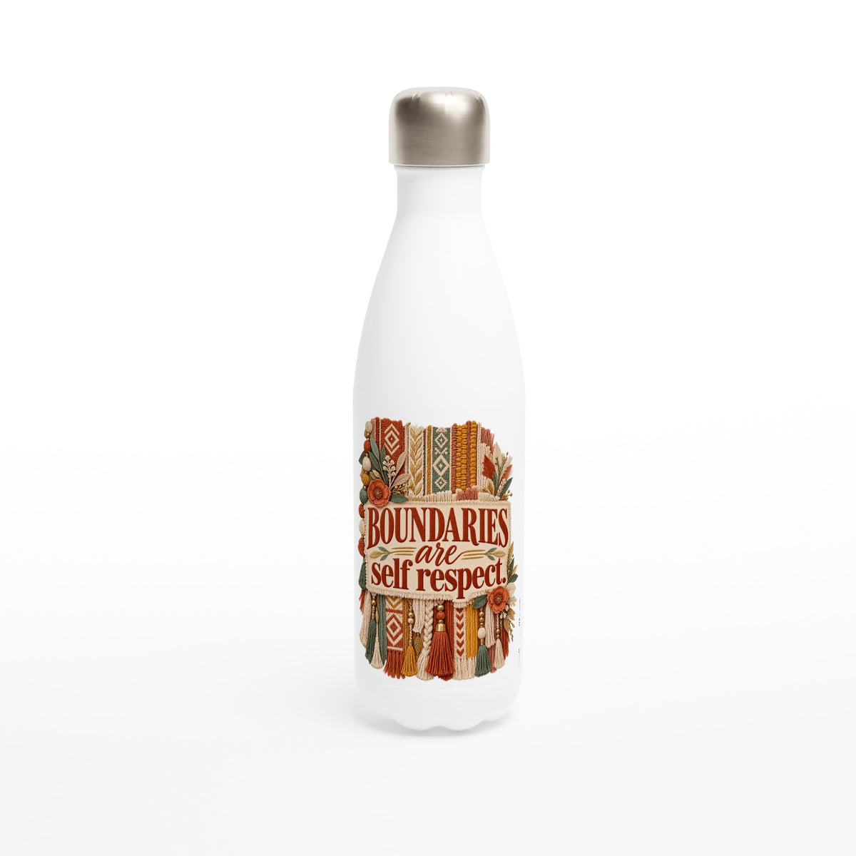 Boundaries Are Self Respect 17 oz white stainless steel water bottle with a woven tapestry with tassels, front view