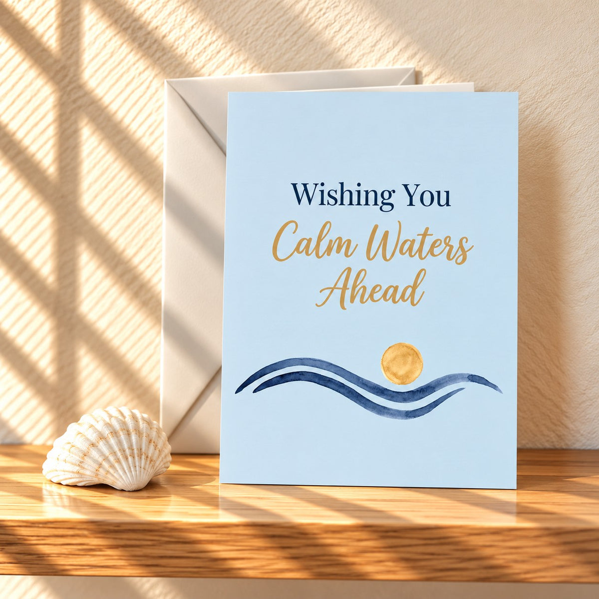 Wishing You Calm Waters Ahead card in pale blue with navy waves and a gold sun, standing on a light oak shelf beside a white seashell