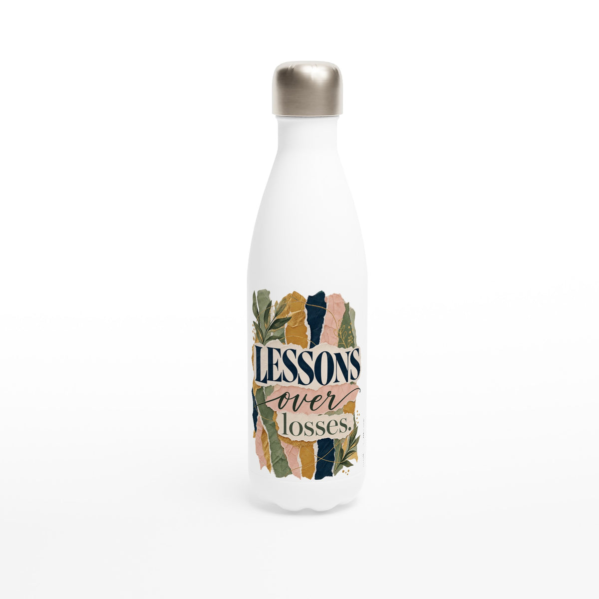 Lessons Over Losses 17 oz white stainless steel water bottle with torn paper strips in sage and ochre, front view