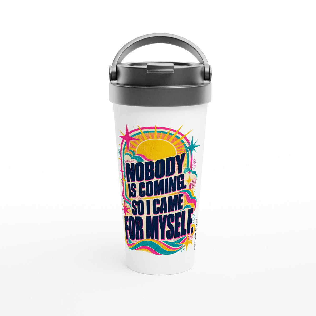 Nobody Is Coming 15 oz white stainless steel travel mug with a risograph sun, front view