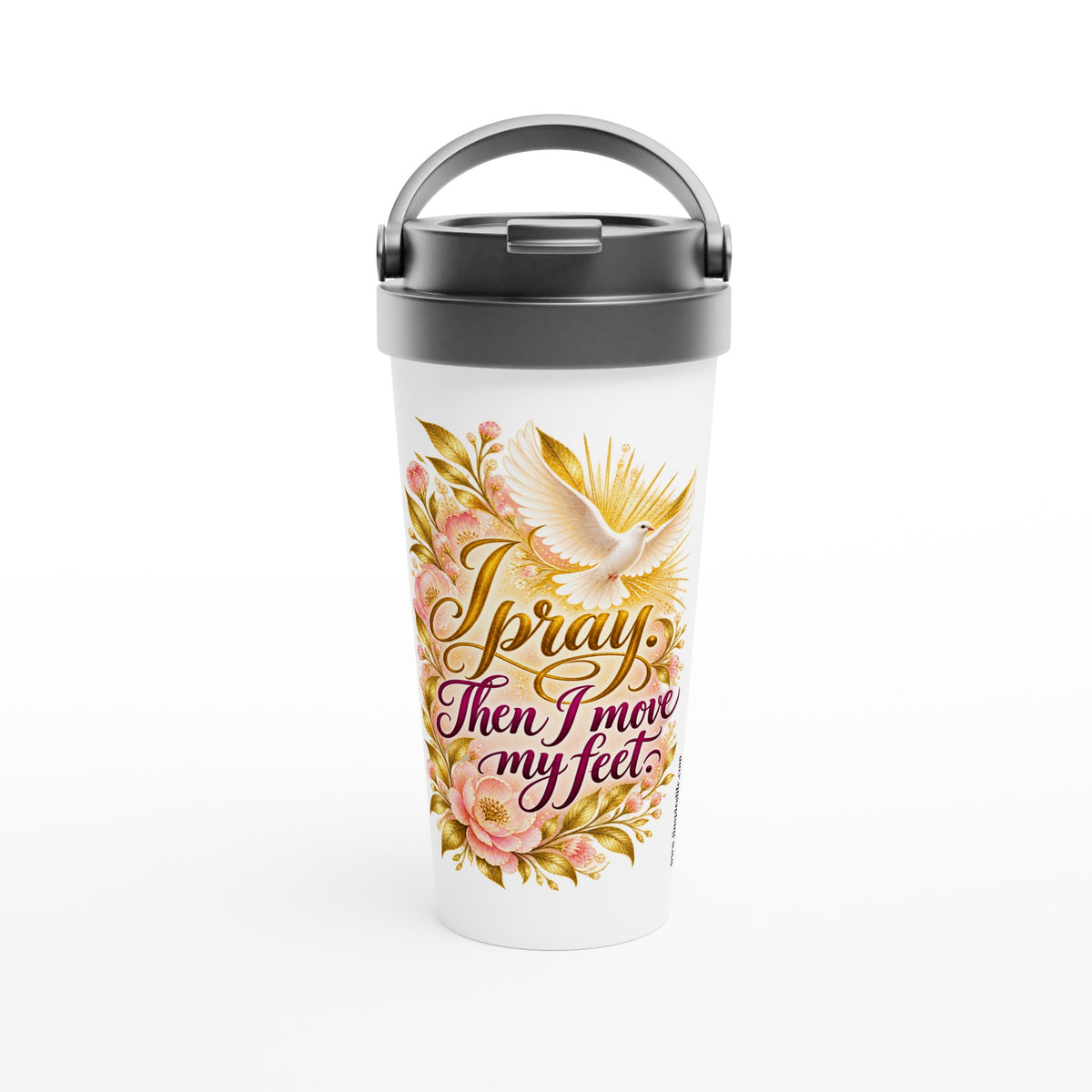 I Pray, Then I Move 15 oz white stainless steel travel mug with a dove in a gold sunrise, front view