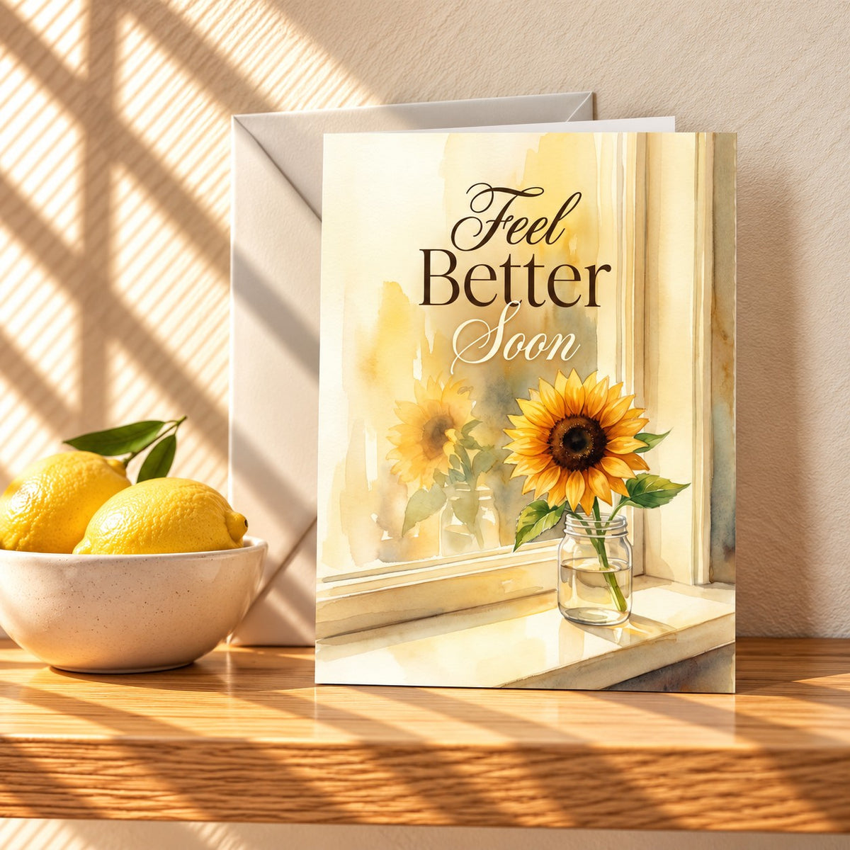 Feel Better Soon card with a watercolour sunflower in a glass jar on a sunny window sill, standing on a light oak shelf beside a bowl of lemons
