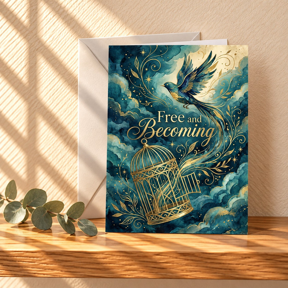 Free and Becoming card with a bird flying from an open gold birdcage on deep teal watercolour, standing on a light oak shelf beside eucalyptus