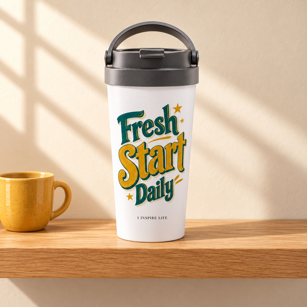 Fresh Start Daily 15 oz white stainless steel travel mug on a light oak shelf beside a small mustard yellow ceramic cup, design facing forward