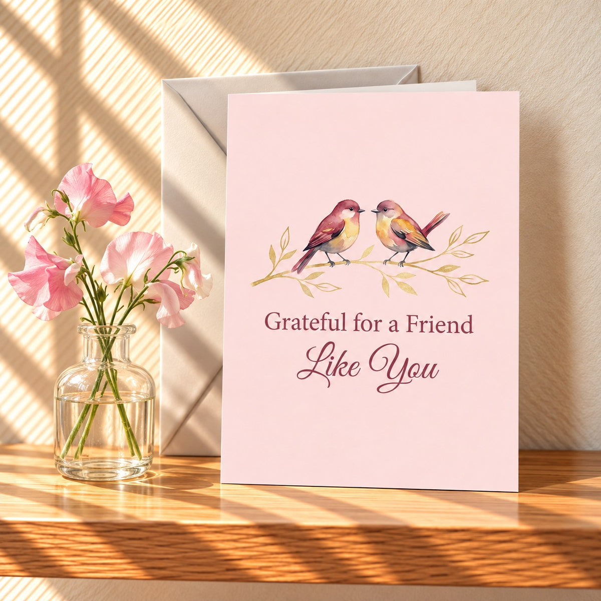 Grateful for a Friend Like You card in blush pink with two watercolour robins, standing on a light oak shelf beside pink sweet peas