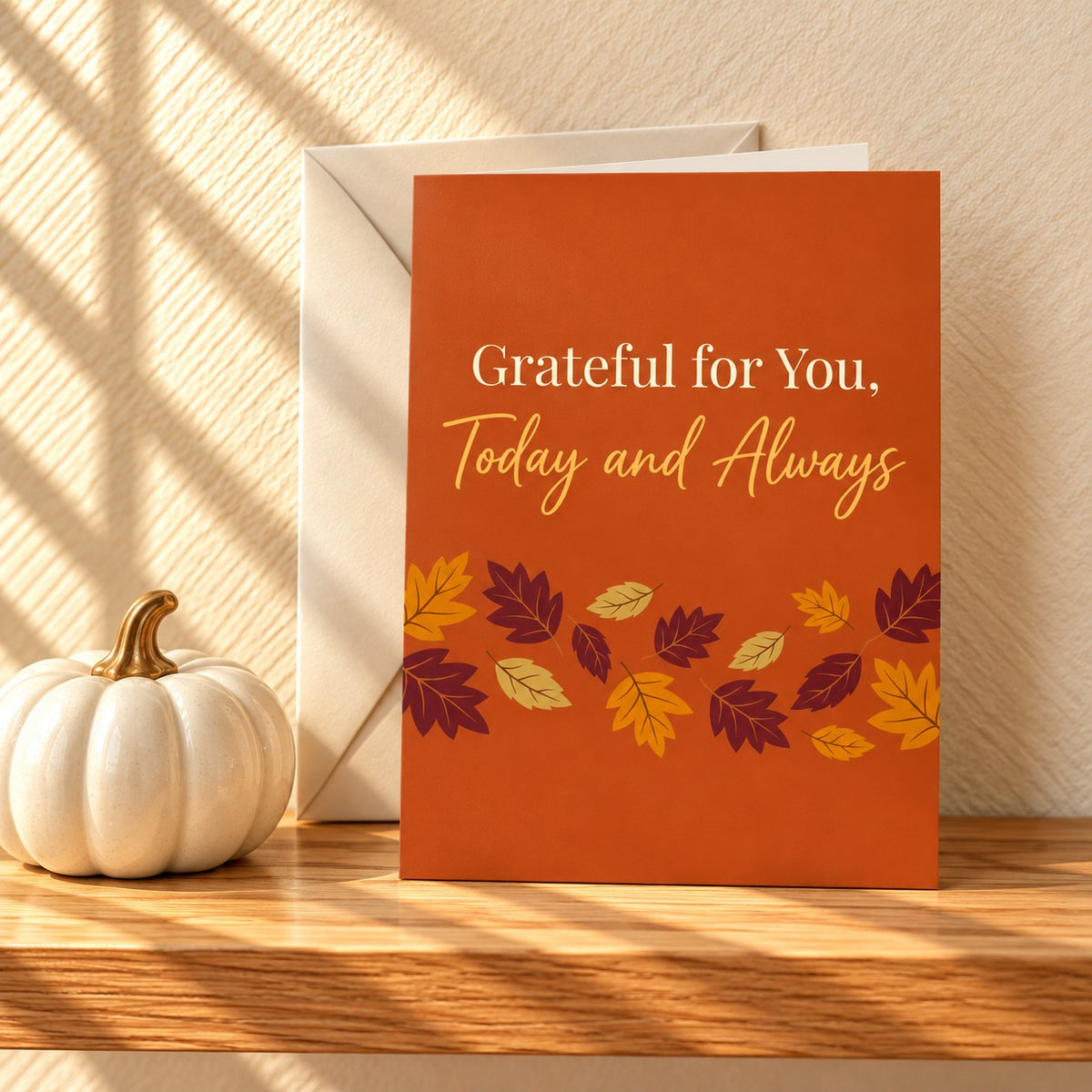 Grateful for You, Today and Always card in burnt orange with autumn leaves, standing on a light oak shelf beside a white ceramic pumpkin