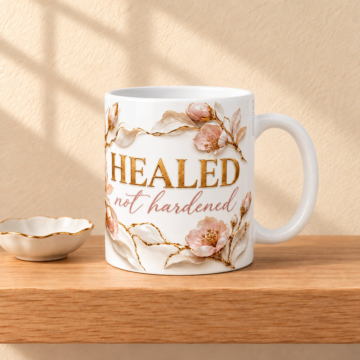 Healed, Not Hardened 11 oz ceramic mug with a white handle on a light oak shelf beside a gold rimmed porcelain dish, title facing forward
