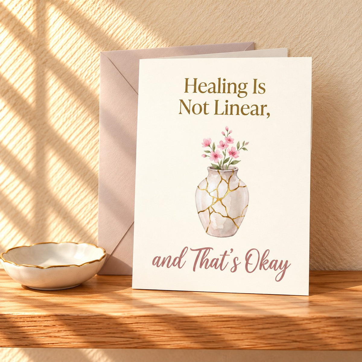 Healing Is Not Linear, and That's Okay card with a gold kintsugi vase of pink flowers, standing on a light oak shelf with a blush envelope