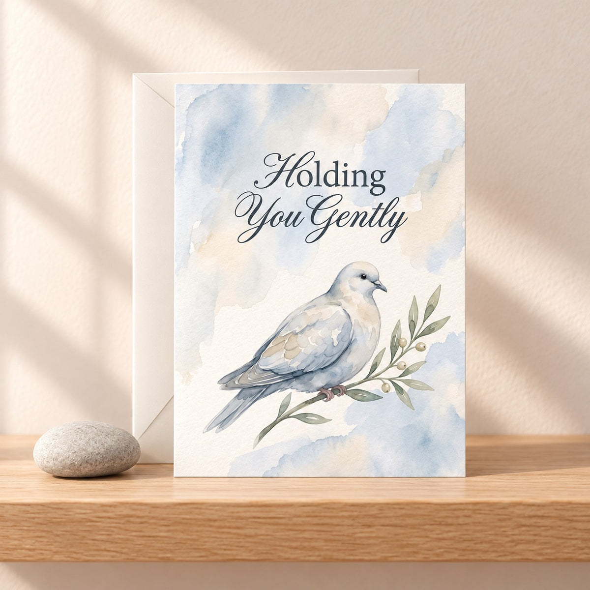 Holding You Gently sympathy card with a watercolour white dove on an olive branch, standing on a light oak shelf beside a smooth grey stone