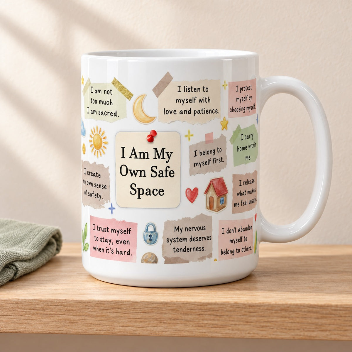 I Am My Own Safe Space 15 oz white mug with the pinned note title facing forward among torn paper affirmation notes, on a light oak shelf beside a sage linen napkin