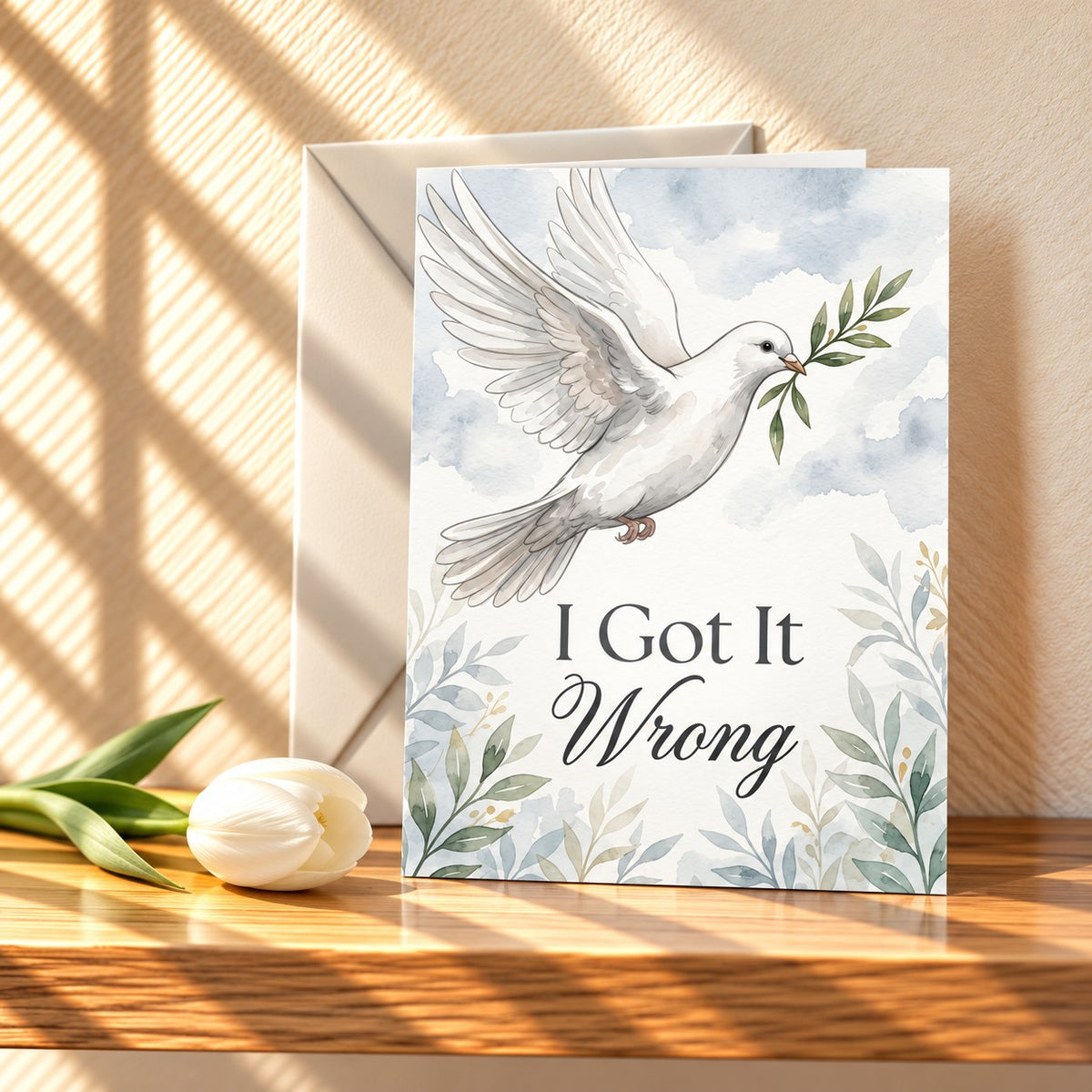 I Got It Wrong apology card with a watercolour white dove carrying an olive sprig, standing on a light oak shelf beside a white tulip