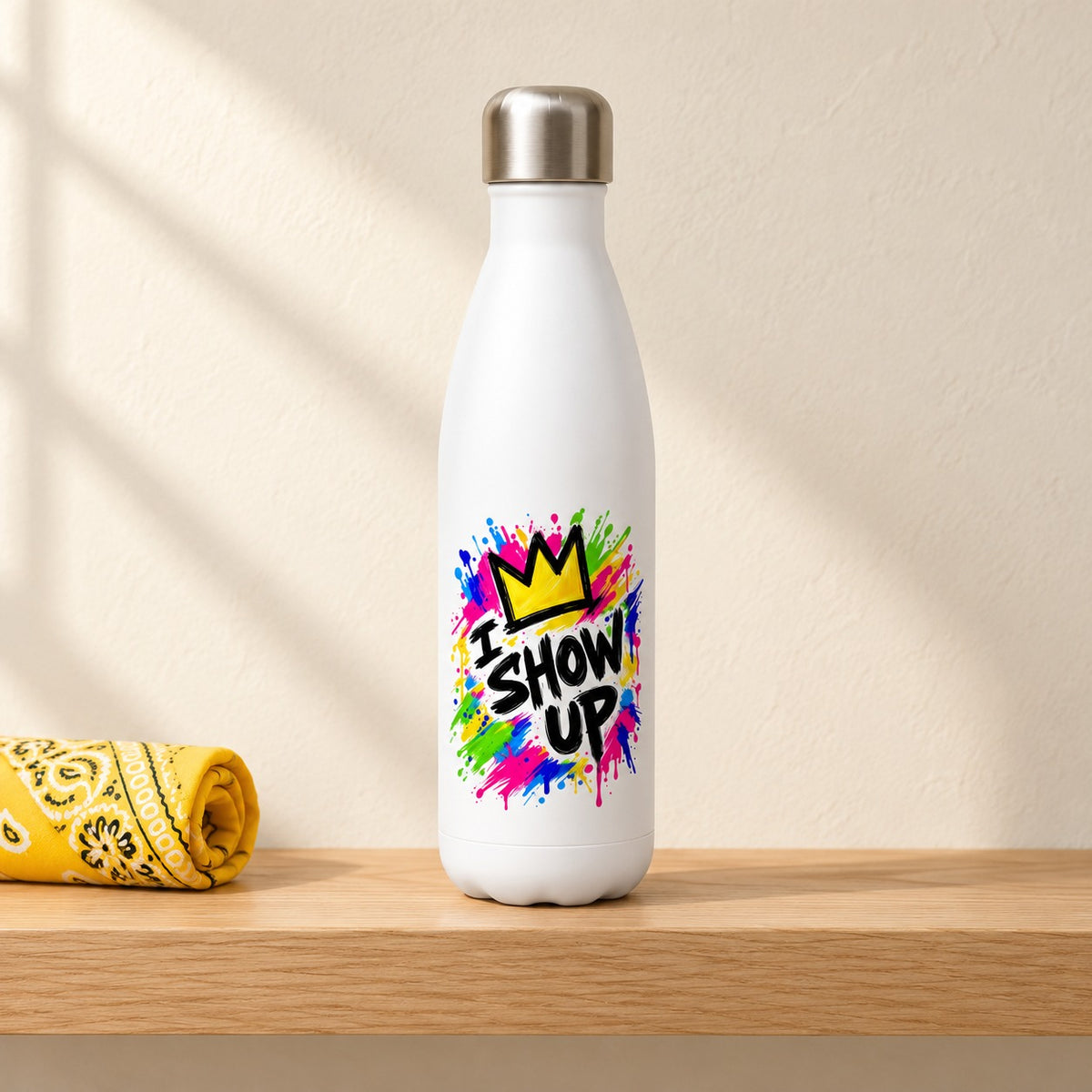 I Show Up 17 oz white water bottle with a bright paint splash, yellow crown and bold black lettering, standing on a light oak shelf beside a yellow bandana