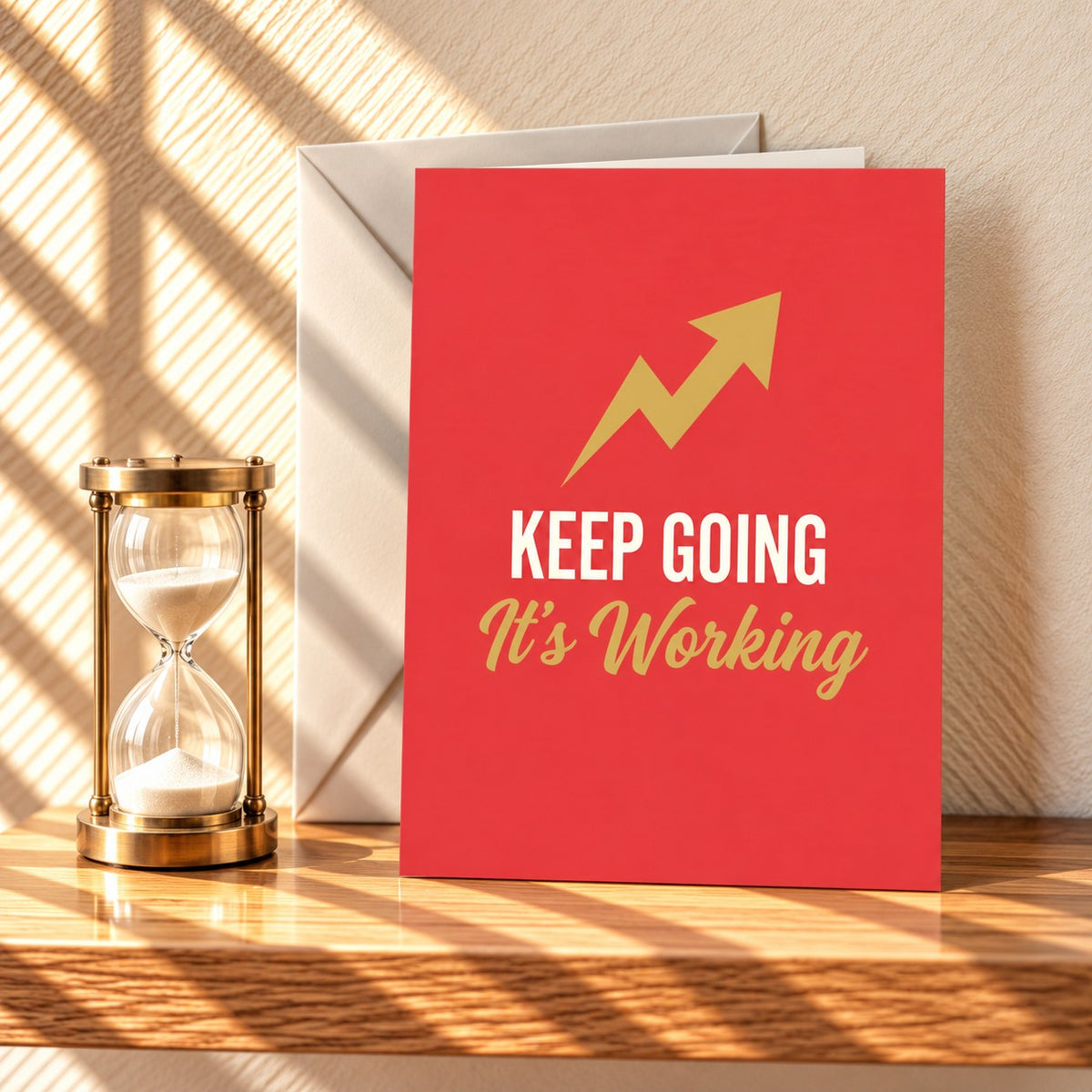 Keep Going It's Working encouragement card in coral red with a gold rising arrow, standing on a light oak shelf beside a brass hourglass