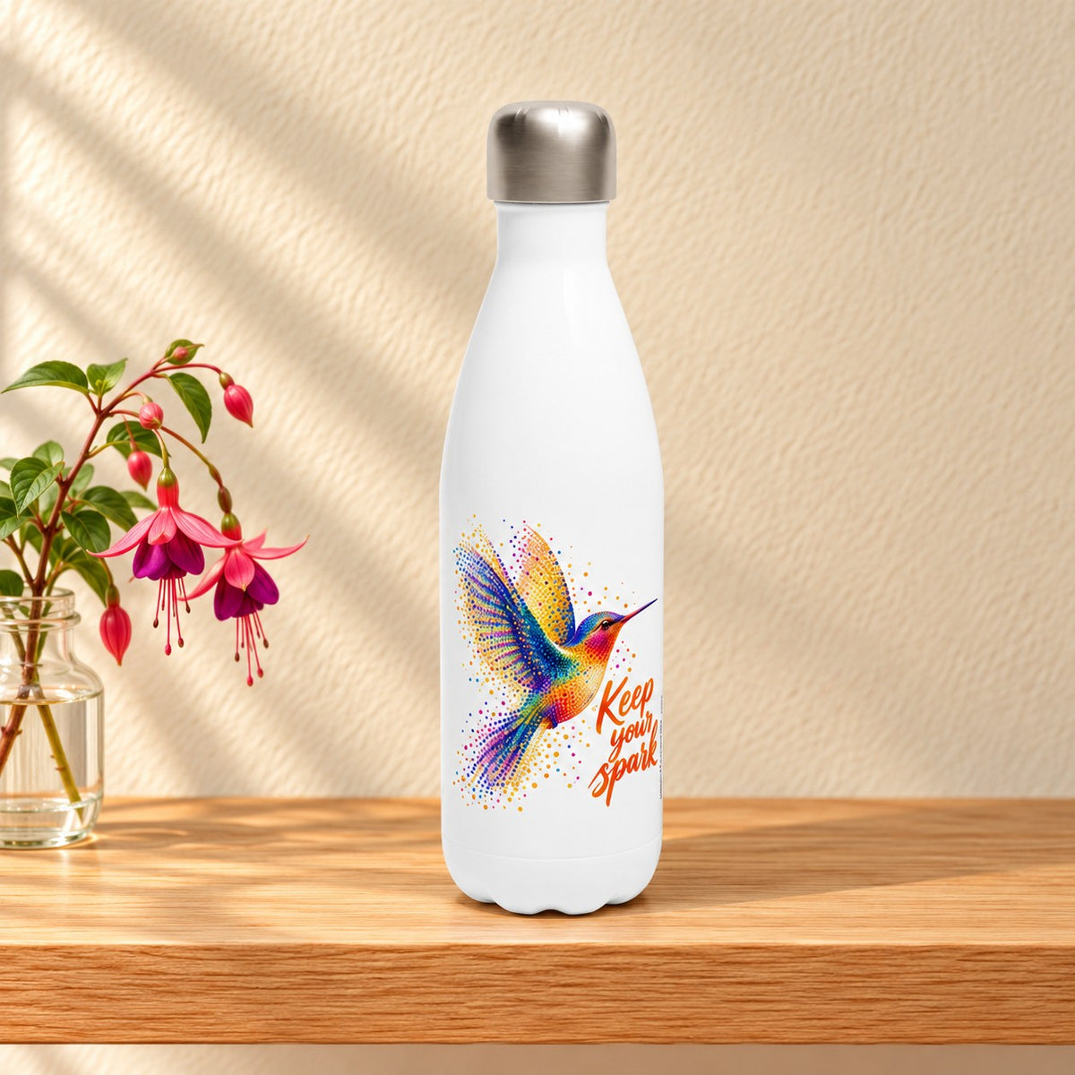 Keep Your Spark white 17 oz water bottle with a rainbow dotted hummingbird and orange script, standing on a light oak shelf beside fuchsia flowers in a glass jar