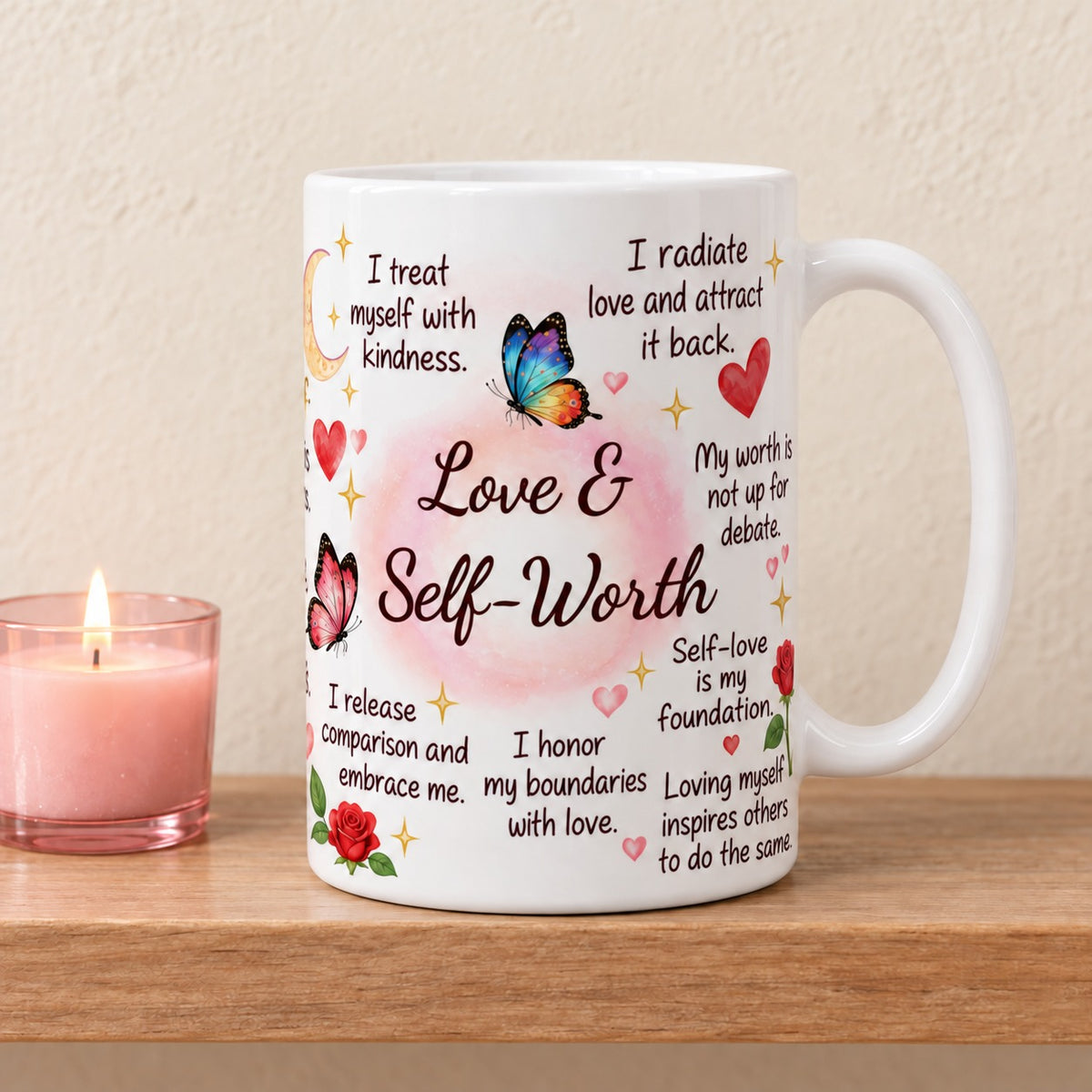 Love and Self Worth 15 oz white mug with the script title facing forward among self love affirmations, butterflies and red roses, on a light oak shelf beside a pink candle