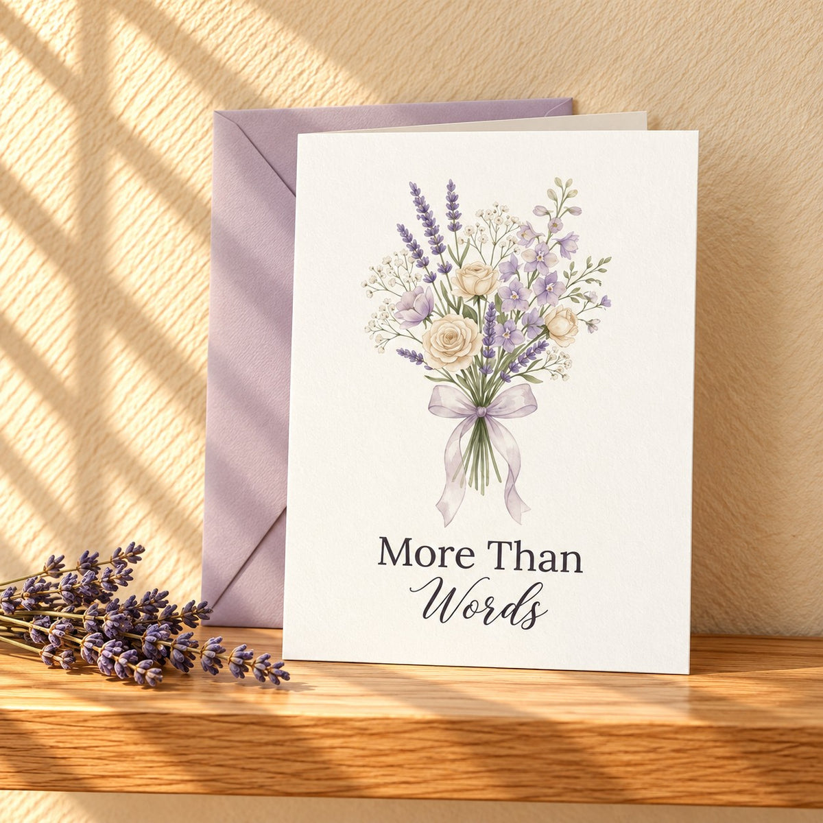 More Than Words thank you card with a watercolour lavender and rose bouquet, standing on a light oak shelf with a lilac envelope and dried lavender