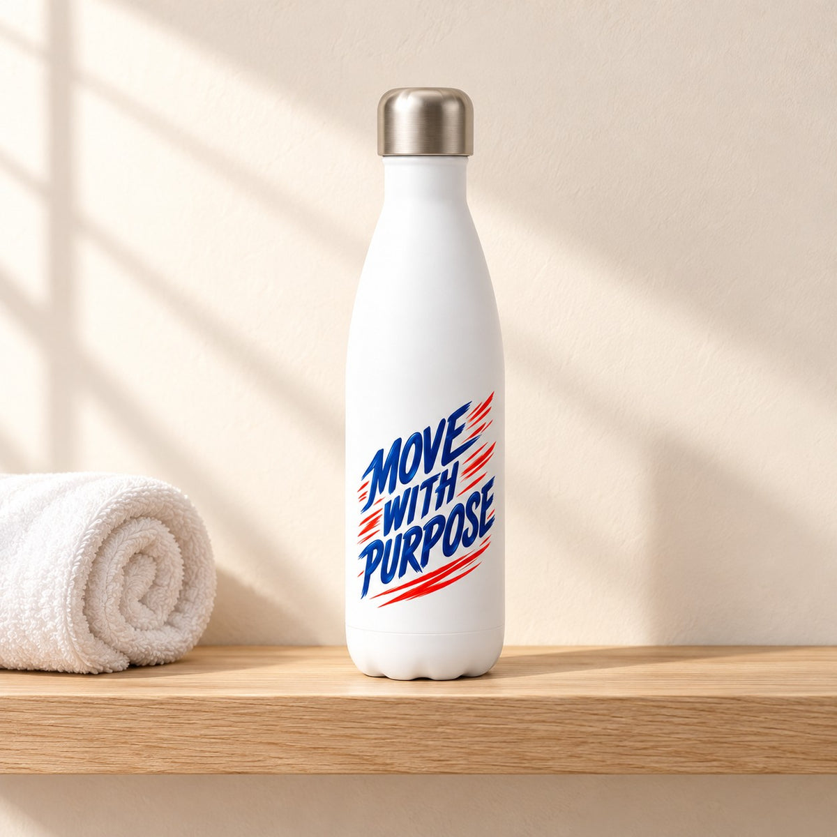 Move With Purpose white 17 oz water bottle with bold blue brush lettering and red strokes, standing on a light oak shelf beside a rolled white towel