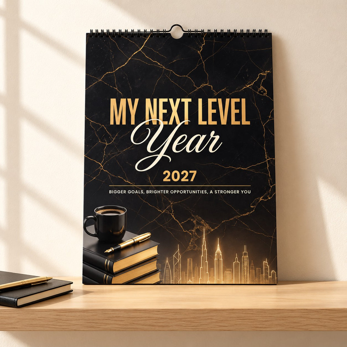 My Next Level Year 2027 wall calendar with black and gold marble and a city skyline on the cover, standing on a light oak shelf beside a black notebook and gold pen