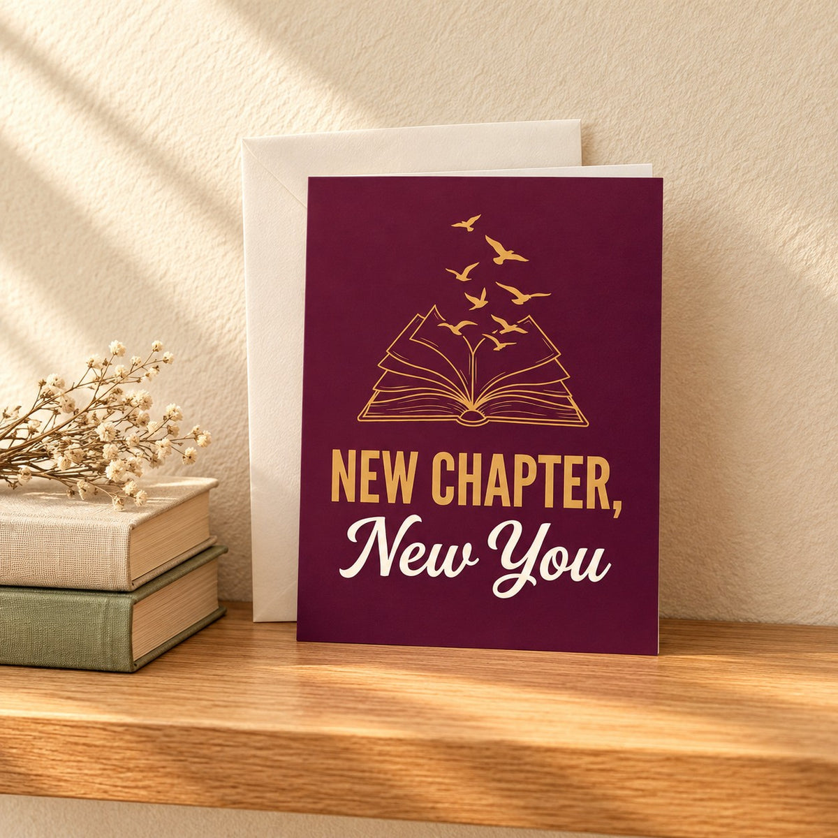 New Chapter, New You greeting card in deep plum with a gold open book and birds, standing on a light oak shelf with an envelope behind it