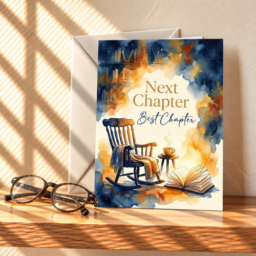 Next Chapter Best Chapter retirement card with a watercolour rocking chair, open book and warm cup, standing on a light oak shelf beside reading glasses