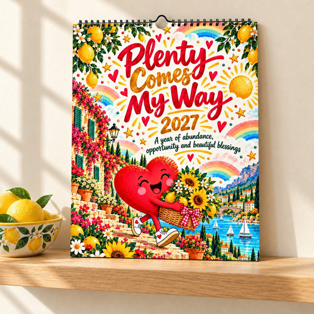 Plenty Comes My Way 2027 wall calendar with a bright folk art seaside scene, lemons and a smiling heart on the cover, standing on a light oak shelf beside a bowl of lemons