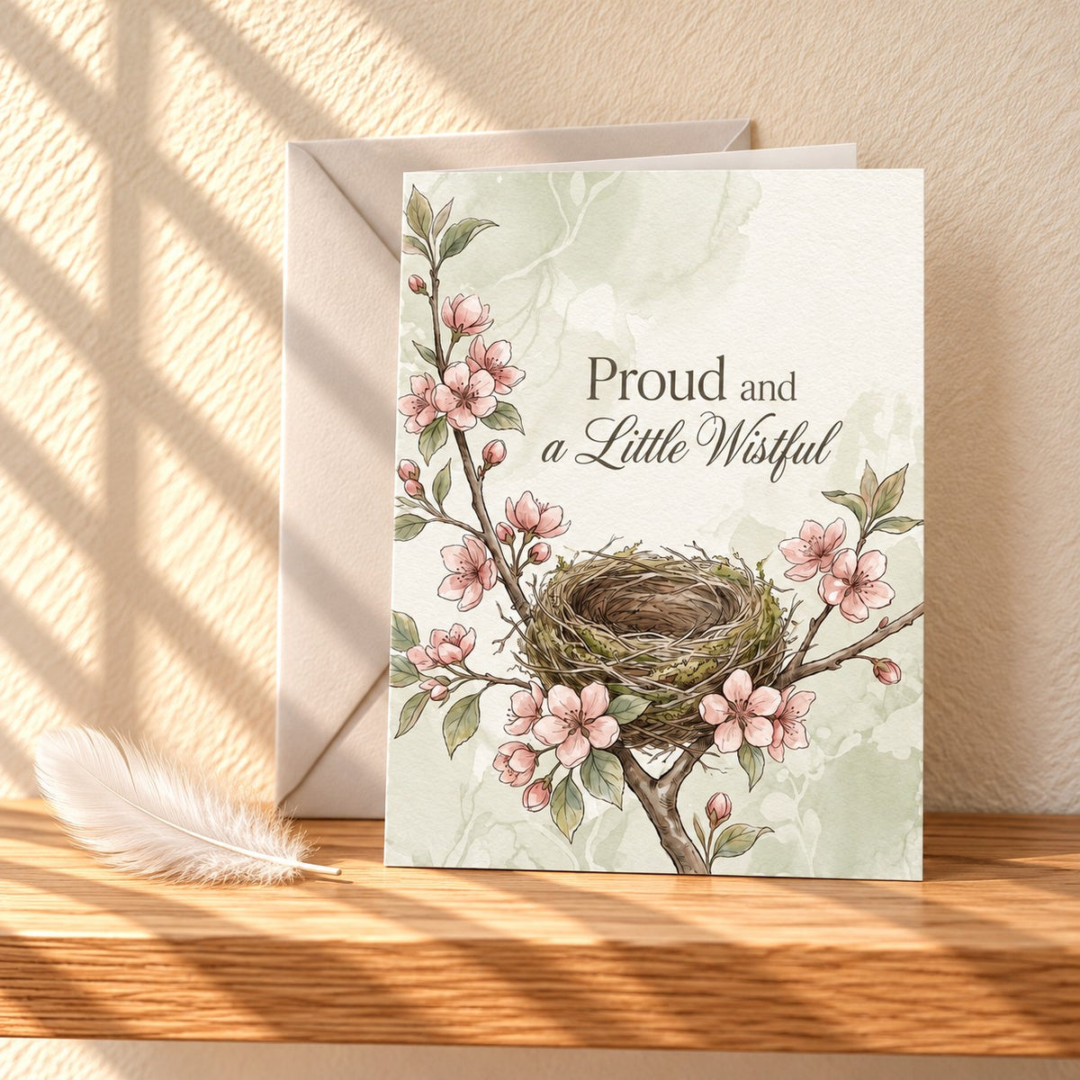 Proud and a Little Wistful card with a watercolour cherry blossom branch and an empty nest, standing on a light oak shelf beside a white feather
