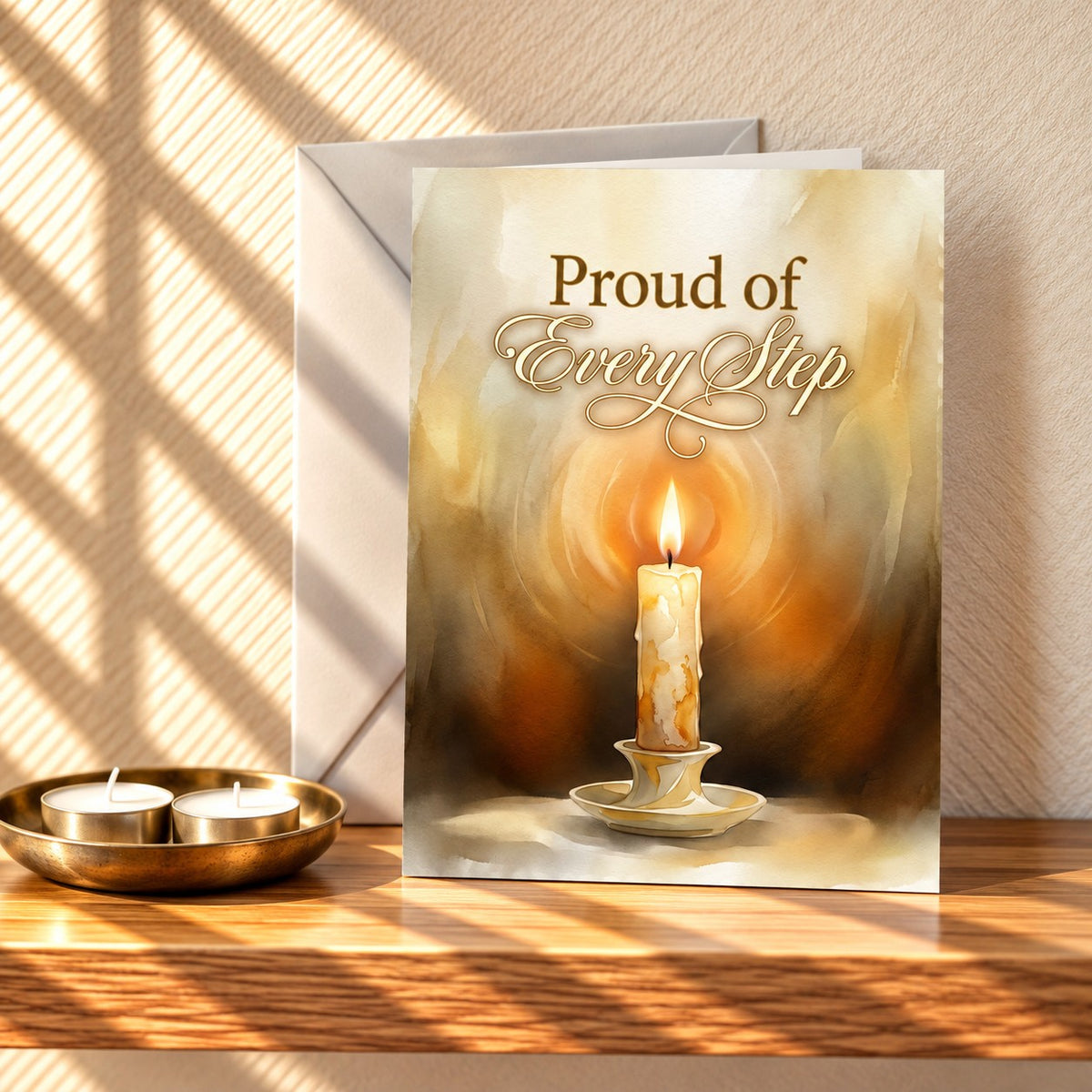 Proud of Every Step card with a glowing painted candle on warm amber, standing on a light oak shelf beside a brass dish of tea lights