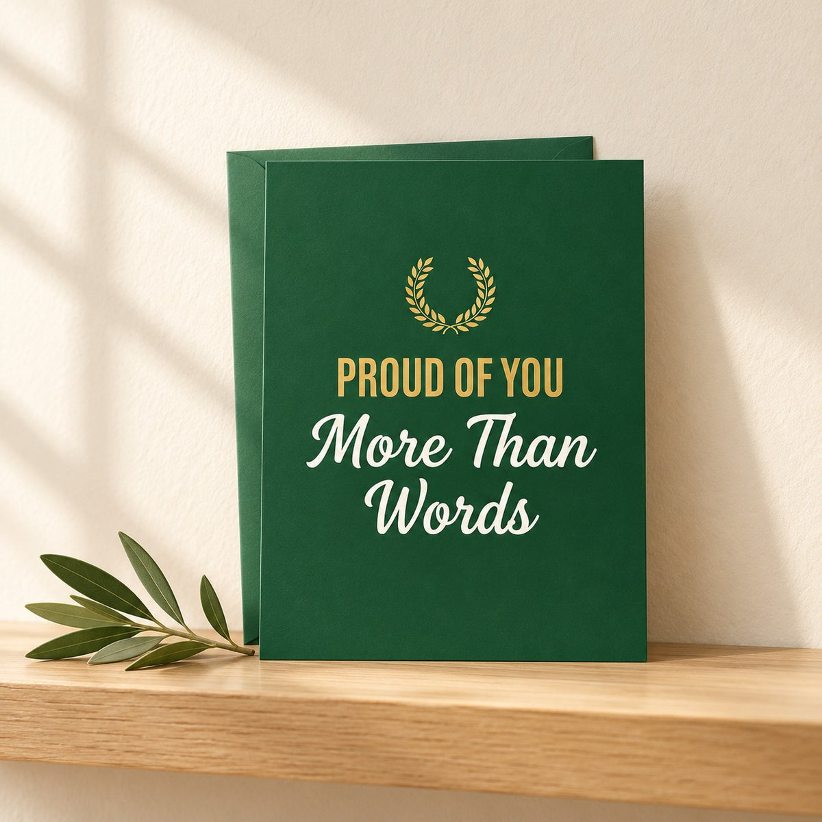 Proud of You More Than Words card in deep forest green with a gold laurel wreath, standing on a light oak shelf beside an olive sprig