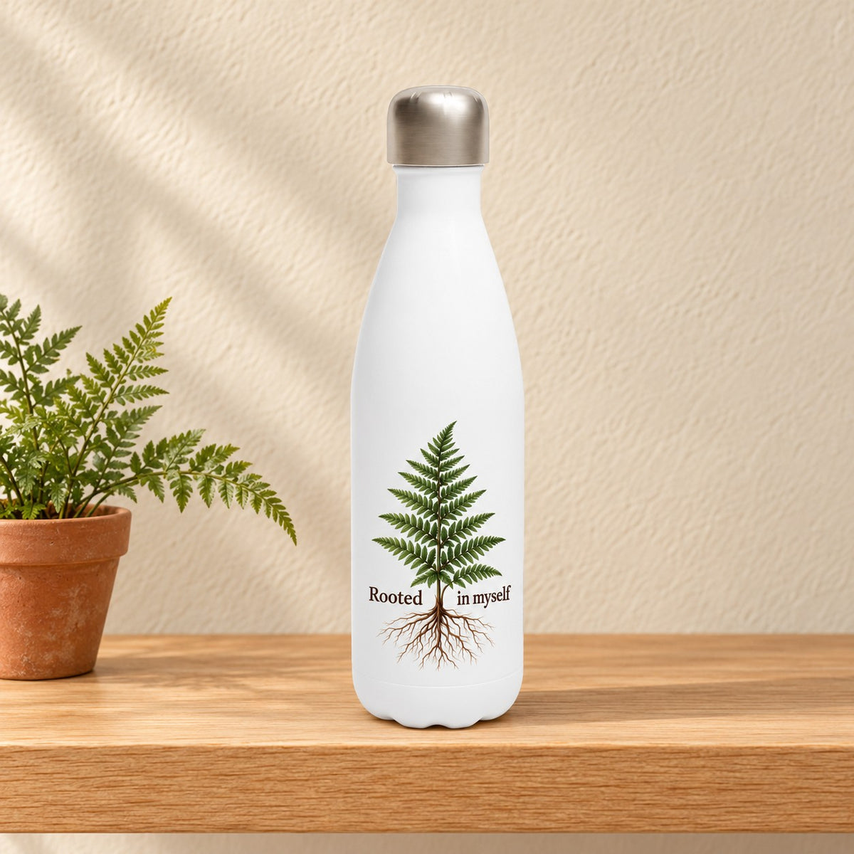 Rooted in Myself white 17 oz water bottle with a green fern and its roots, standing on a light oak shelf beside a small potted fern