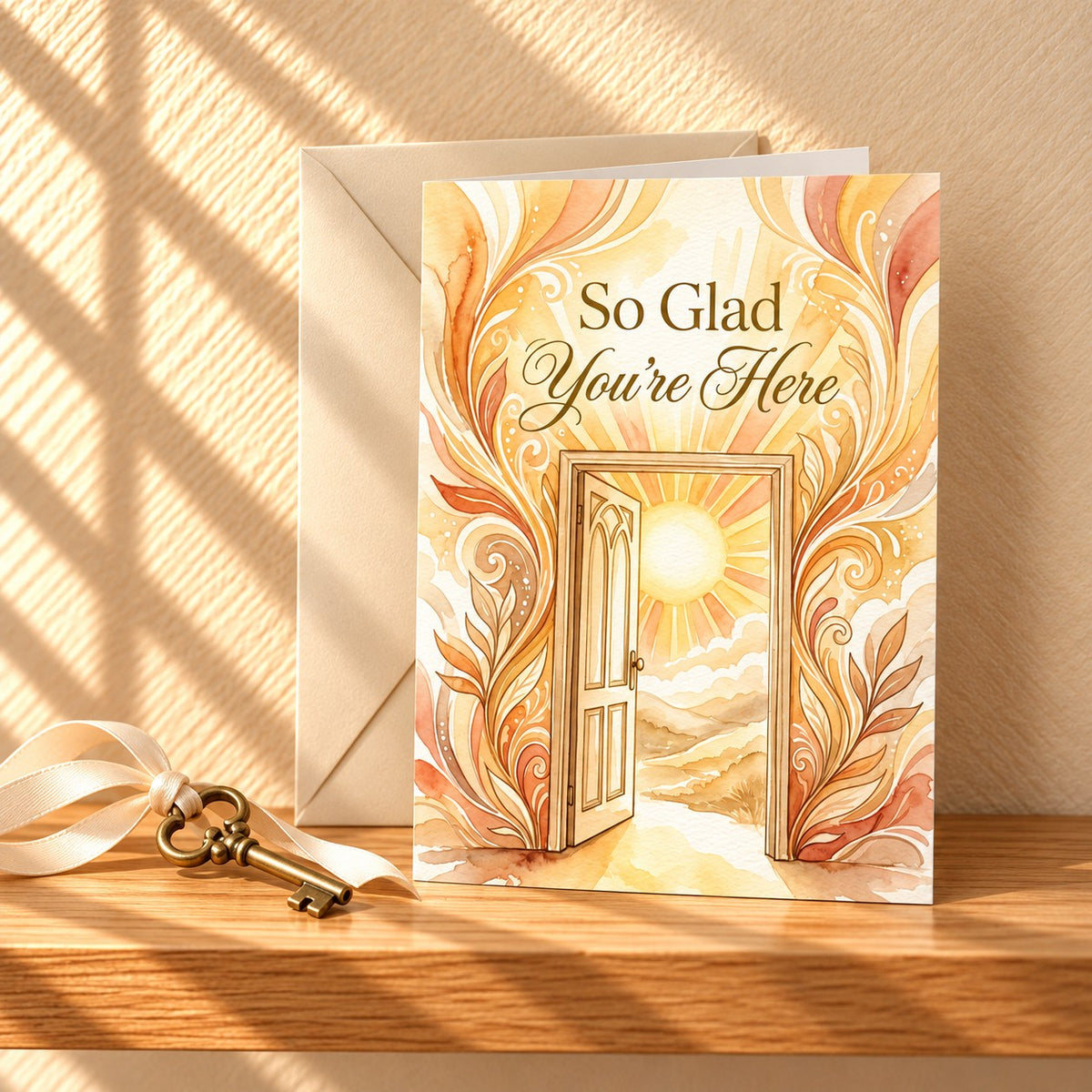 So Glad You're Here welcome card with a golden watercolour doorway full of sunlight, standing on a light oak shelf with a matching envelope
