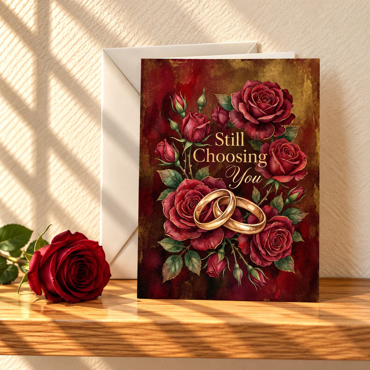 Still Choosing You anniversary card with deep red roses and two gold rings, standing on a light oak shelf beside a red rose