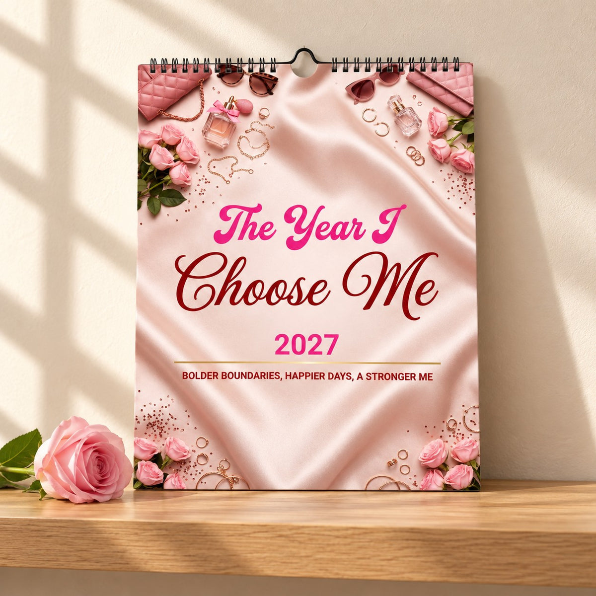 The Year I Choose Me 2027 wall calendar with blush satin, roses and gold jewellery on the cover, standing on a light oak shelf beside a pink rose