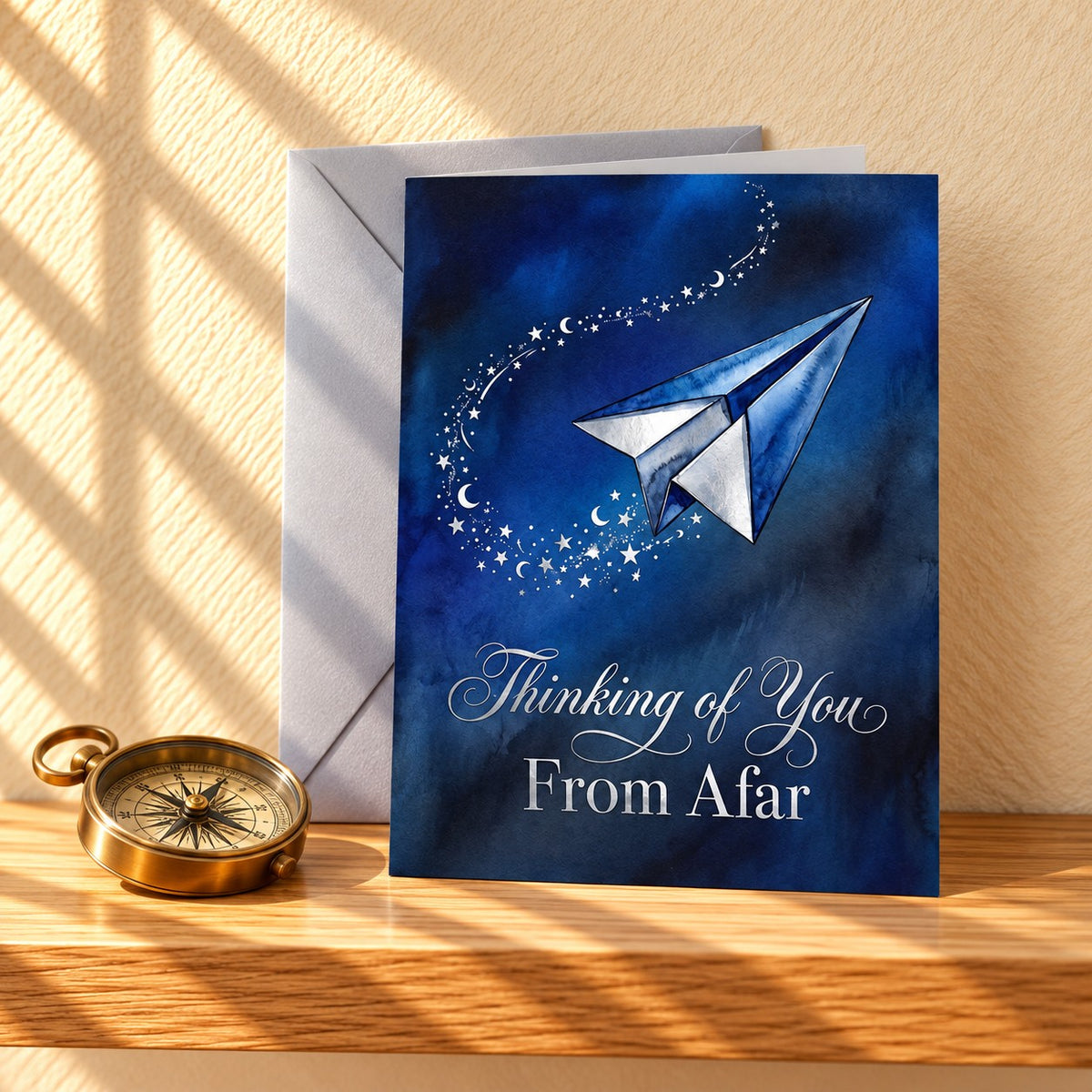 Thinking of You From Afar card with a silver paper plane and a trail of stars on deep navy watercolour, standing on a light oak shelf beside a brass compass