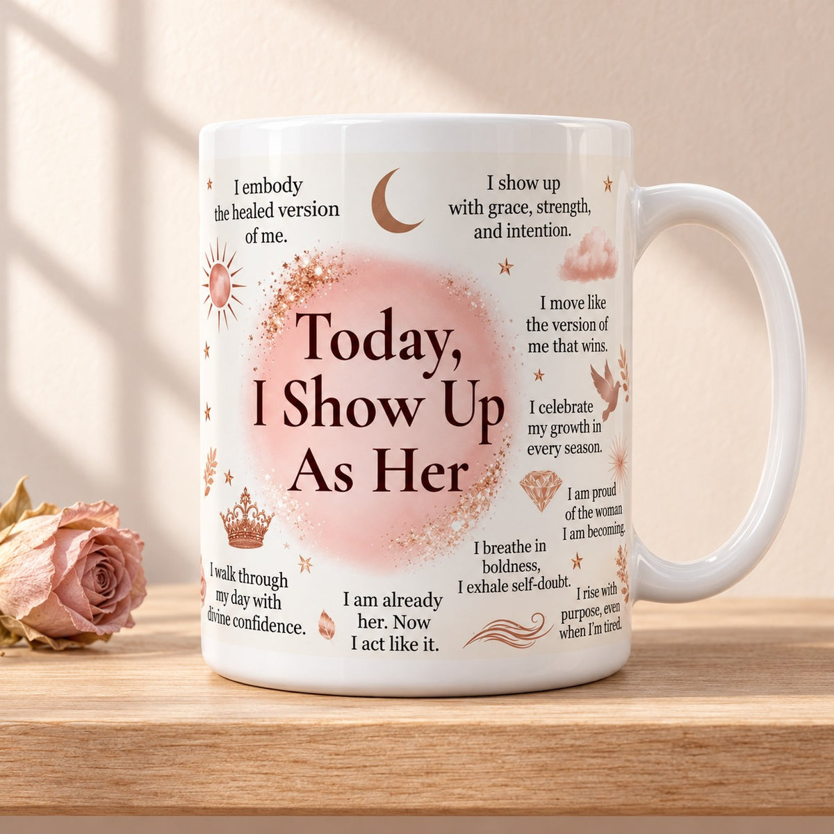 Today, I Show Up As Her 15 oz white mug with the serif title facing forward on a blush circle with rose gold glitter, on a light oak shelf beside a dried blush rose