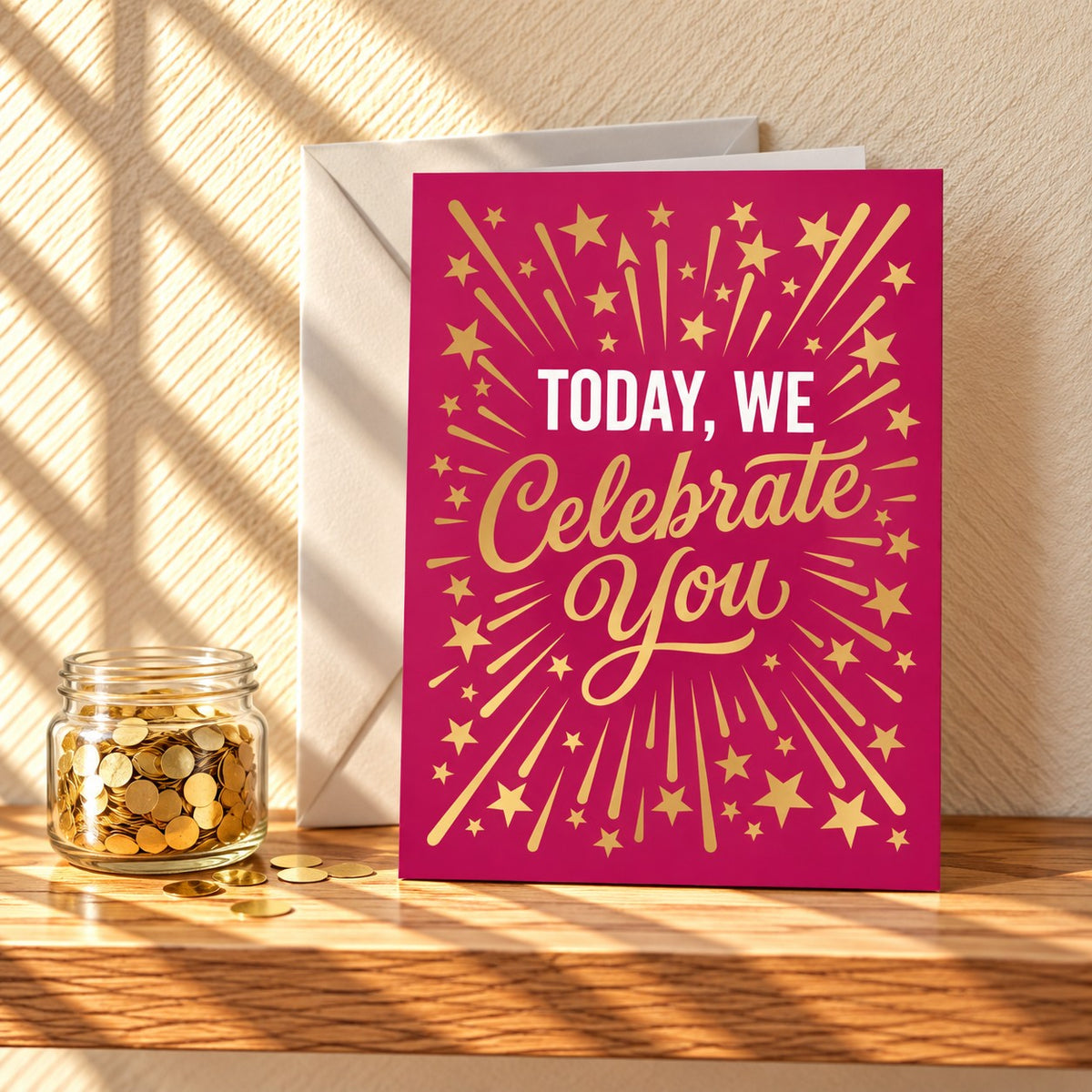 Today, We Celebrate You card in bright magenta with a gold starburst, standing on a light oak shelf beside a jar of gold confetti