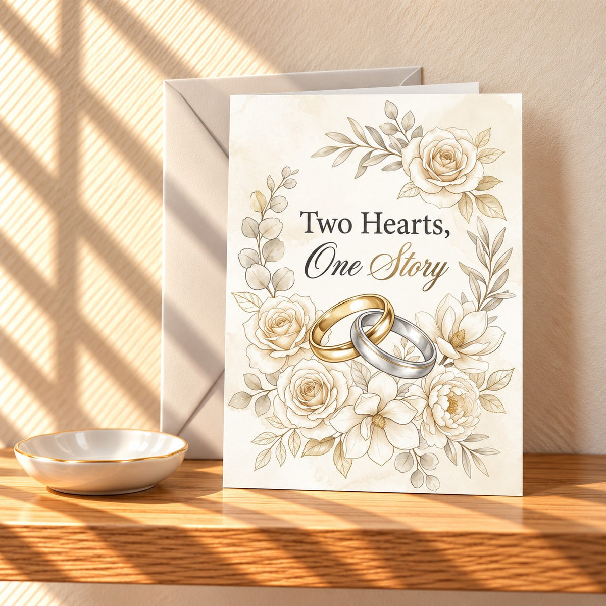 Two Hearts, One Story wedding card with gold and silver rings among cream roses, standing on a light oak shelf beside a ring dish