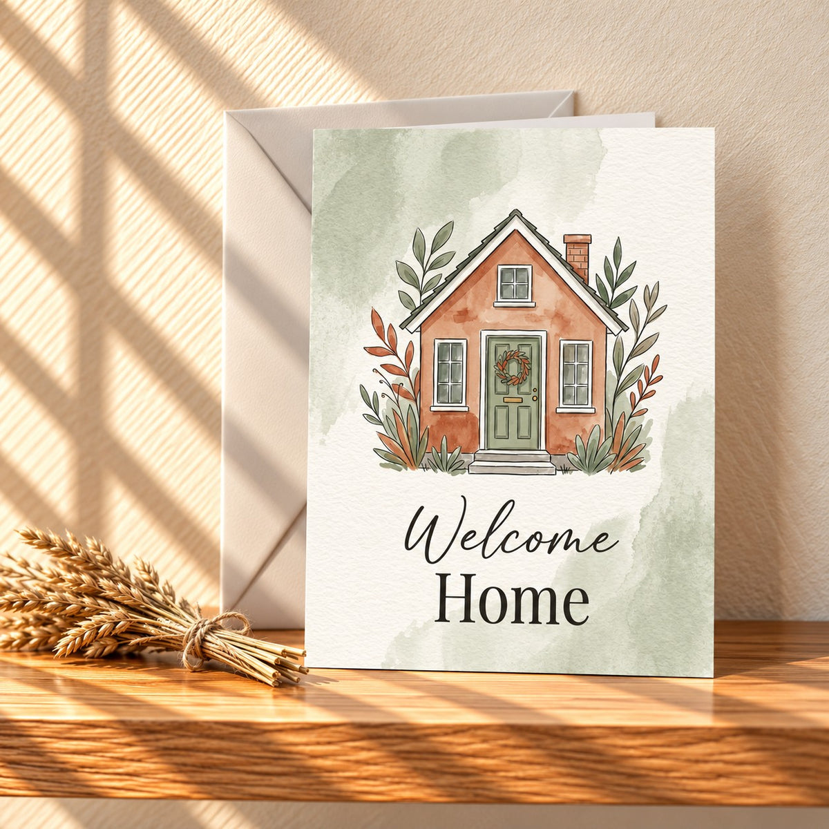 Welcome Home card with a watercolour brick house and green front door, standing on a light oak shelf beside dried wheat