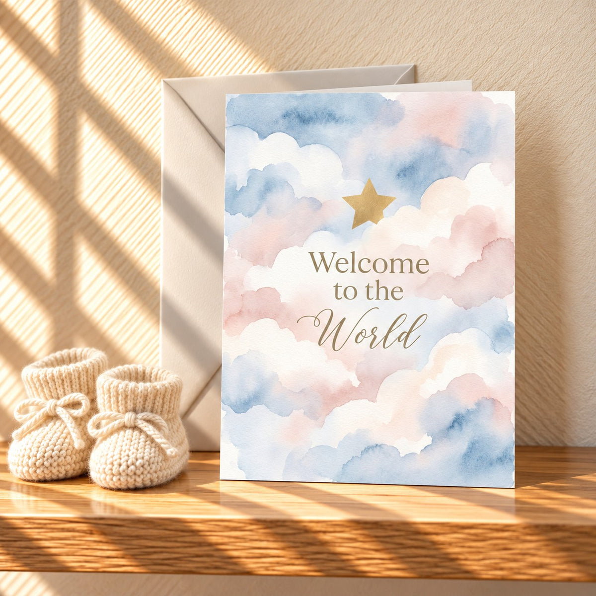 Welcome to the World new baby card with pastel pink and blue watercolour clouds and a gold star, standing on a light oak shelf beside knitted baby booties